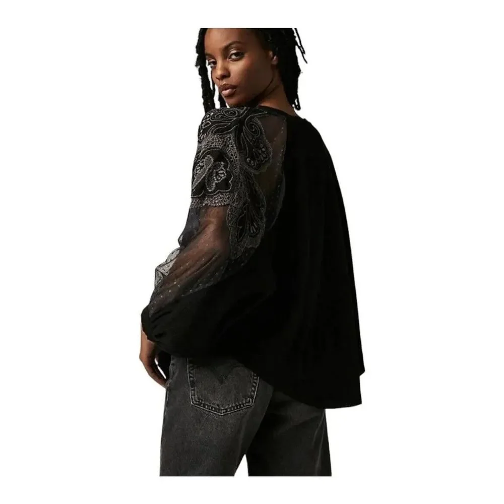 NEW Free People Toni Top Black Mesh Relaxed Fit Size M